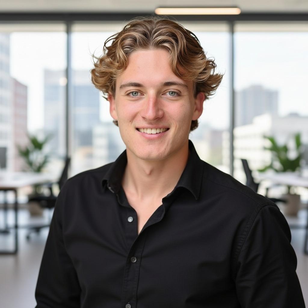 Portret van Maarten in een kantoor met uitzicht over de stad